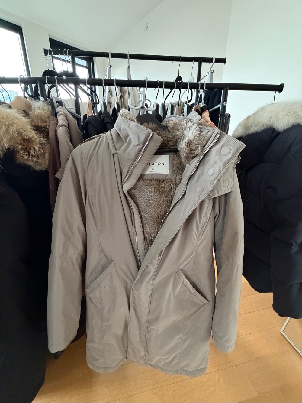 Aritzia Taupe Parka with Faux Fur Lining